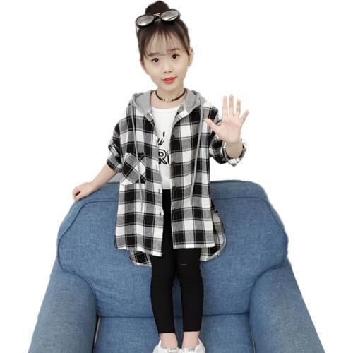 Girls long jacket 4-13 years old 100-160 cm height plaid hooded Curved hem personality coat hot all-match gift for kids outwear