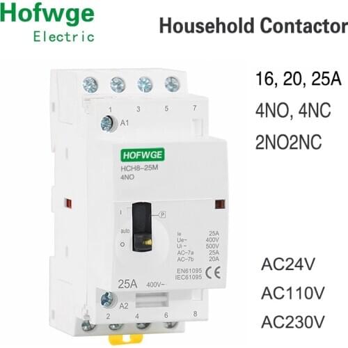 HCH8-25M 4P 16A 20A 25A 24V 110V 220V Din Rail Household AC Modular Contactor With Manual Control Switch 4NO 2NO2NC or 4NC