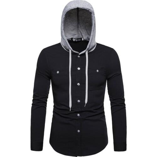 Mens Hooded Shirt Long Sleeve Color Matching Cardigan Shirt With Pockets Casual Single-Breasted Slim Tops