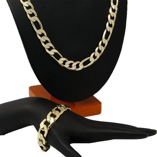 Mens Gold Filled 24" 10mm Italian Figaro Chain Necklace & 9" 10mm Wrist Bracelet Jewelry Sets