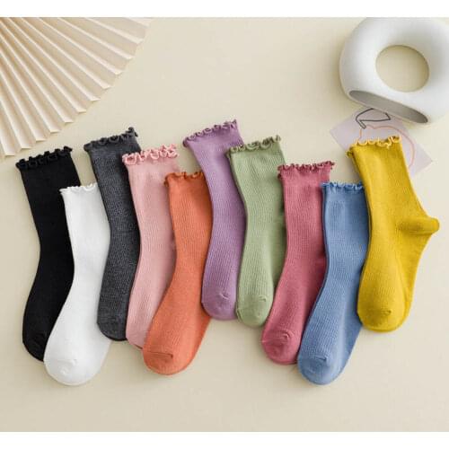 Fashion Color Solid Cotton Socks Lacework Cute 1Pair Pure Color Vertical Stripe Pattern Women SocksItem Ladies Pile Socks