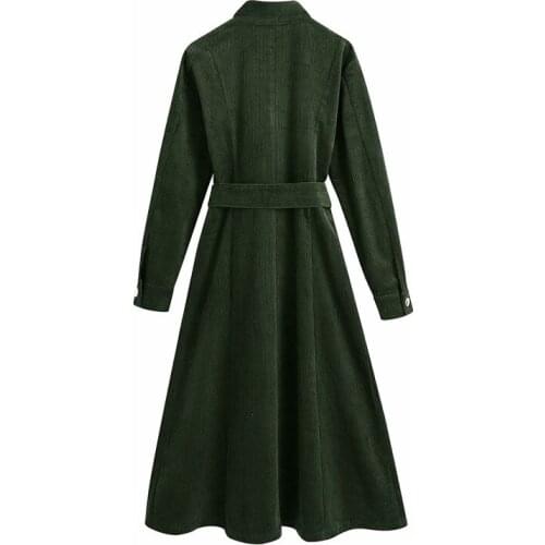 Evfer Women Casual Autumn Za Green Corduroy A-Line Long Dresses Female Fashion Single Breasted Slim Shirt Dress With Belt Chic