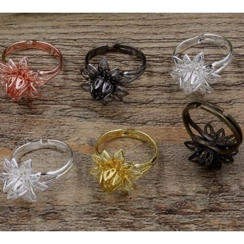 Blank Adjustable Rings Settings with 15mm Vintage 3D Flower Bases Rings DIY Findings Multi-color Plated