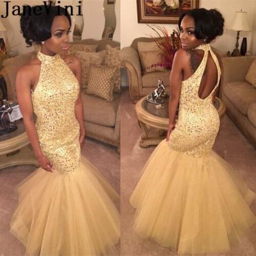 JaneVini Luxurious Gold Crystal Mermaid Prom Dress for Black Girls High Neck Keyhole Back Party Dresses Beadings Evening Gowns