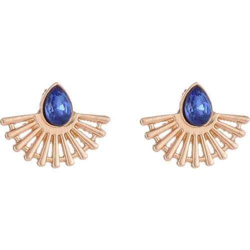 8Seasons Fashion Stud Earrings Gold Silver Color Half Round Fan Style Royal Blue Water Drop Cabochon Vintage Earrings,1 Pair