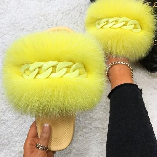 Furry Fur Slippers Fluffy Flip Flops Designer Chain Real Fox Fur Slides Ladies House Plush Slippers Women Summer Flat Sandals