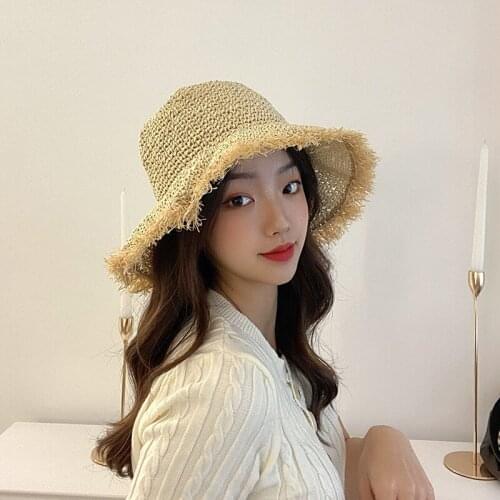 Womens Straw Hats with Large Brim Summer Breathable Sun Hat Fringed Foldable Sunscreen Fisherman Beach Bucket Hat Designer Cap