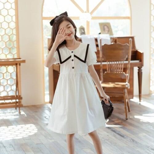 6 To 16 Years, Kids Preppy Dress 2021 New Girls Summer Dress Teen Button Clothes Cotton Cute Patchwork,#6190