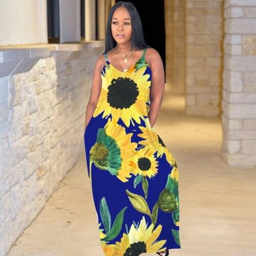 Sun Flower Printed Vintage Bohemian Maxi Dress Women Sexy Deep V Neck Sleeveless Sundress Summer Backless Loose Clubwear Robe