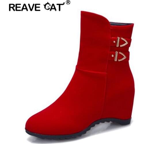 REAVE CAT Women Boots Wedges Round toe Buckle Flock Ankle boots for women Zipper Solid Female mujer Casual Sweet Increased S2400