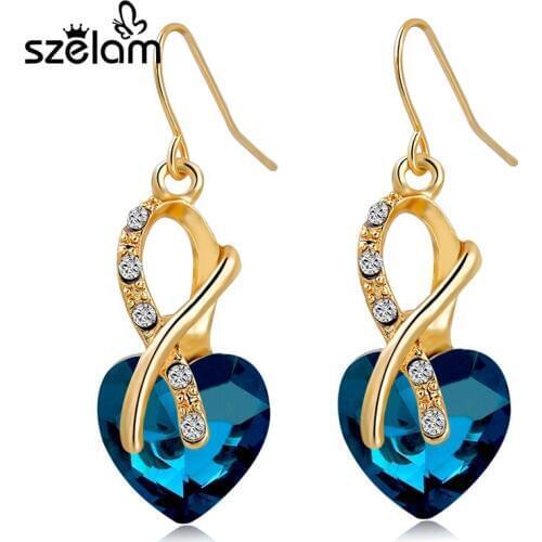 Szelam 4 colors 2019 newest bijioux heart crystal earrings for women gold drop earrings wedding jewelry gift brincos ser140073