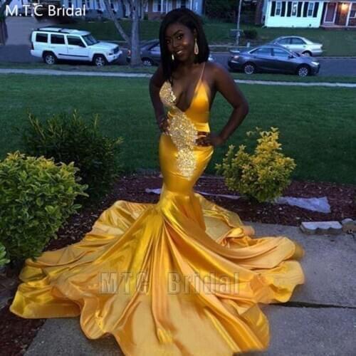 Gold Mermaid Sexy African Long Prom Dresses Backless Spaghetti Straps Beaded Satin Black Girl Graduation Party Gowns Robe Soiree
