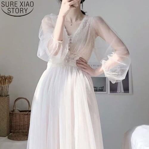 White Dress Women 2021 Spring Plus Size Elegant Button A-Line Vestidos Puff Sleeve Empire V-Neck Lace Voile Mesh Dresses 8126 50