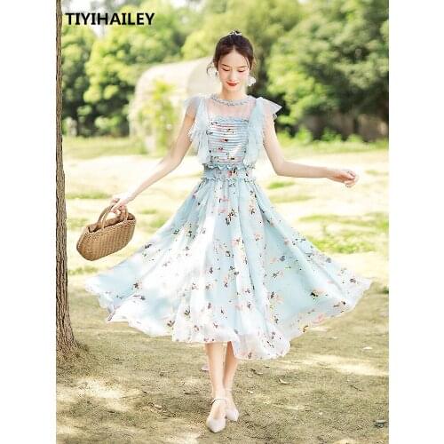 TIYIHAILEY Free Shipping Fashion Women Chiffon Gauze Patchwork Long Mid-calf Ruffles Sleeve Summer Boshow Bohemian Blue Dress