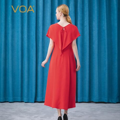VOA 30m/m Heavy Weight Silk Dream Red V-neck Lace Up Shawl Sleeve Loose Waist Comfortable Dress for Women AE623