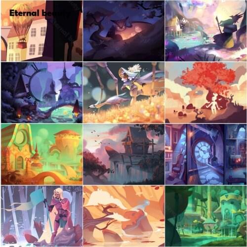 Diamond Painting Cartoon House Tree Movie Poster Diamond Embroidery Full Round Drill Diamond Mosaic Multicolor Fairy Tale World