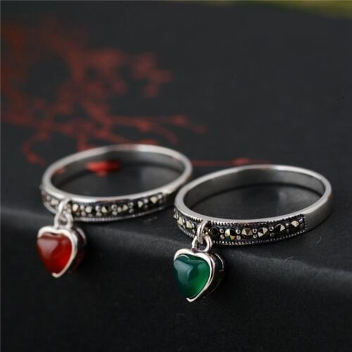 BESTLYBUY 100% Real 925 Sterling Silver Retro Jewelry Green & RedS tone Heart Rings for Women Lover Mothers Day Gifts