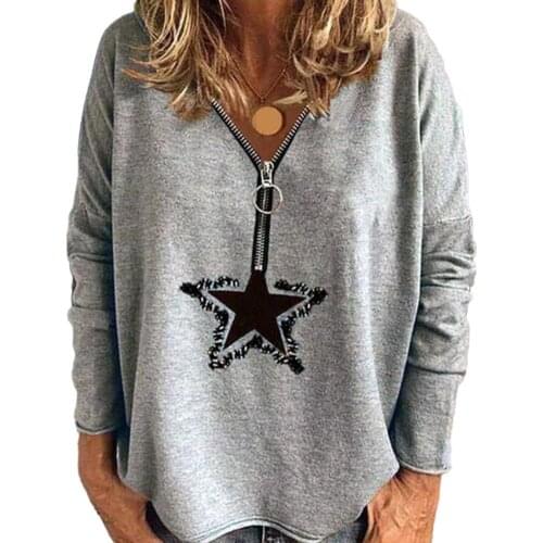 Women Blouse Autumn Winter Star Print V Neck Zipper Blouse Top Long Sleeve Sweatshirt Womens Clothing 2021