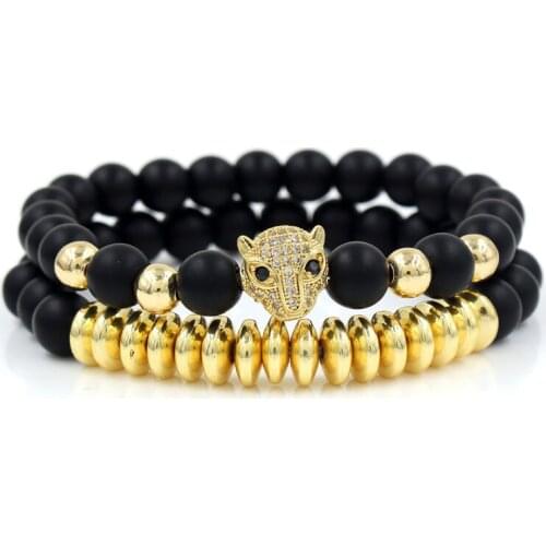 Bracelet Woman Men 8mm CZ Leopard Bracelet Set Charms Jewelry Hematite Stone Couple Lover Bracelets Bangles Pulseira Masculina