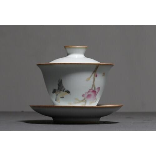 Ru Kiln Retro Bird Flower Ceramic Cover Bowl Teacup Sancai Gaiwan Tea Bowl Kung Fu Red Tea Puer Tes Set Tea Cup Home Drinkware