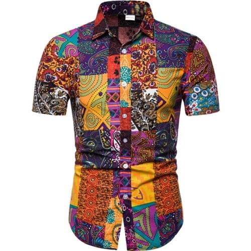Coloful Vintage African Ethnic Print Shirt Men Chemise Homme 2021 Brand New Mens Dress Shirts Short Sleeve Hawaiian Shirt Male