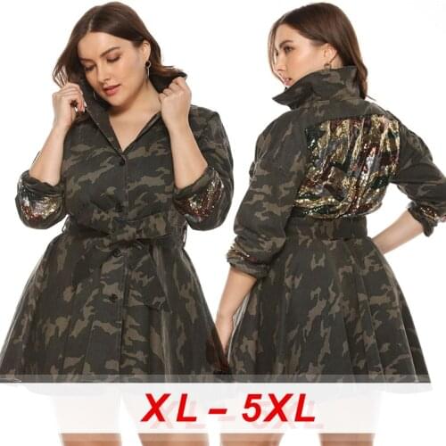 Camouflage Long Coat Women Plus Size Women Clothing Fall Clothing Trendy Single Breasted Sequins Umbrella Skirt Belt Women Coat
