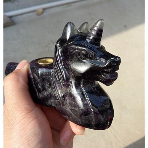 Beautiful flourite quartz unicorn pipe natural purple flourite crystal Stone Quartz Crystal The unic Pipe healing tobacco