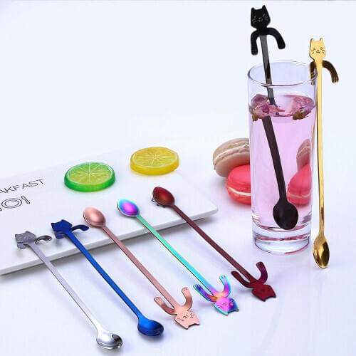 Cute Cat Teaspoons Stainless Steel Cartoon Cat spoons Creative Ice Cream Dessert Long Handle Coffee&Tea Spoon Tableware Colors