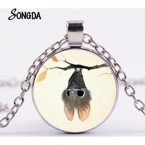 Trendy Cute Little Bat Pendant Necklace Cartoon Halloween Inverted Bat Glass Dome Handmade Animal Jewelry for Child Kids