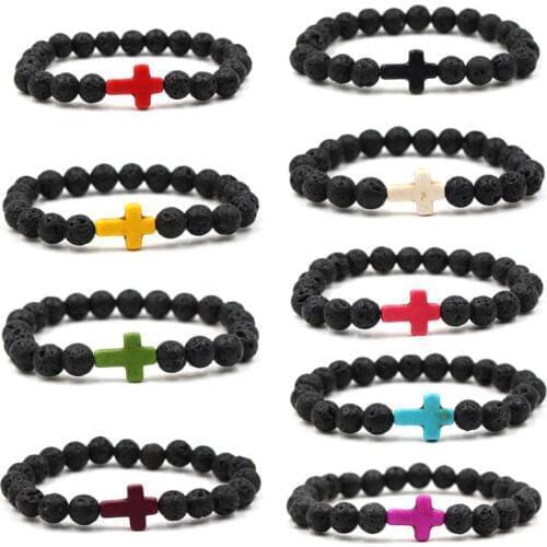 Trendy Jesus Cross Charm Blue Turquoises Men Bracelet Black Lava Stone 8mm White Beads Bracelets Bangles for Women Yoga Jewelry