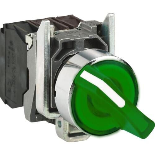 XB4BK123B5 = ZB4BW0B35 + ZB4BK1233 Illuminated selector switch, metal, green, Ø22, 2 positions, stay put, 24 V AC/DC, 1 NO + 1 N
