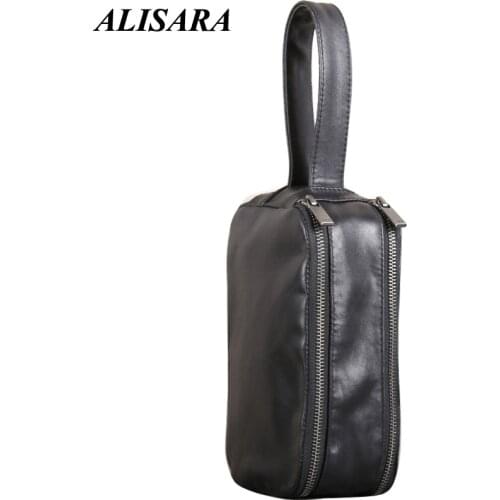 Alisara Clutch Bags Male First Layer Cow Leather Top End Men Phone Wallet Casual Organizer Cigarette Purses Zipper Long Hand Bag