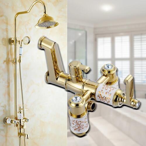 Gold Plated diamond shower faucet set doule shower head Antique rain shower faucet mixer tap Bathroom shower faucet wall mounted