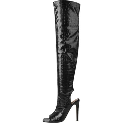 Richealnana Women Square Open Toe Over The Knee Black Thin High Boots Side Zip Stiletto Stretch Slingback Ladies Shoes Big Size
