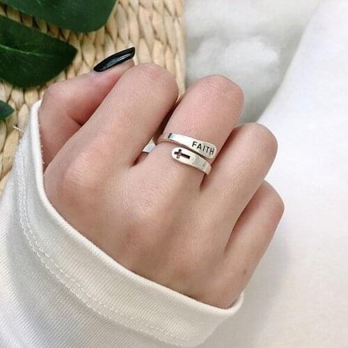 Silver Color Jesus Cross Faith Letter Ring For Women Fashion Jewelry Open Adjustable Finger Rings Jewellery Ladies Gift