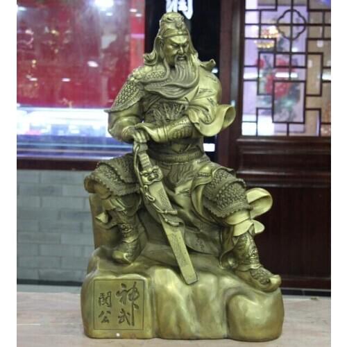 20" Classical Brass Copper Famous Hold Sword Guan Gong Warrior God GuanYu Statue 50cm