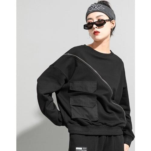 NYFS Black Long Sleeve Sweatshirts Women Patchwork zipper Pullover Harajuku Hoodie Pullover Women Clothes New