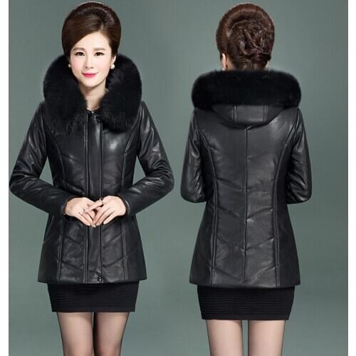 Middle aged Womens Leather Jacket Winter New Thicken Warm Slim Big Fur Collar Mid-length Leather Coat Female Outerwear 6XLA151