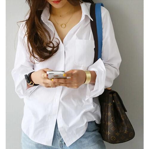 Blusas Women Tops and Blouses 2021 Shirts Women Loose One Pocket Solid Long Sleeve Blouse Casual Office Lady White Top 3496