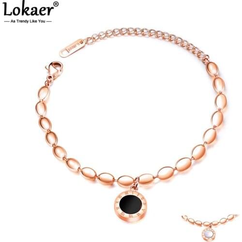 Lokaer Roman Numerals Stainless Steel Womens Bracelets For Women Accessories Beads Chain Charm Black Acrylic Jewellery B17098