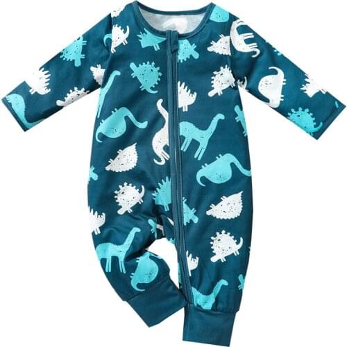 2021 0-3Y Todlder Baby Boy Jumpsuit Spring Autumn Cartoon Dinosaur Print O Neck Long Sleeve Zipper Romper Casual Outfit
