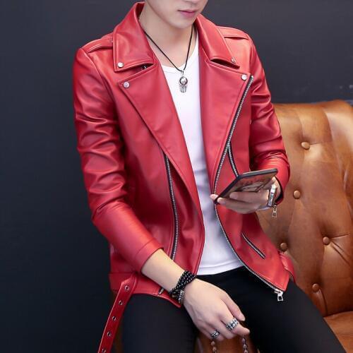 2018 New Teenage leather clothing male non-mainstream oblique zipper turn-down collar jacket long-sleeve slim outerwear