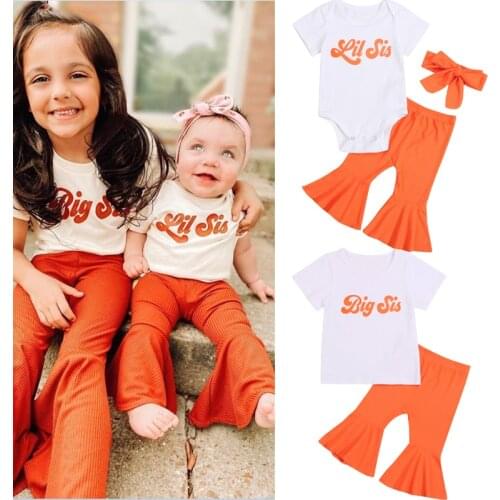 T Shirts Tops Solid Flare Pants Headband 0-6Y Summer Kids Girls Sister Clothes Sets Letter Printed Romper
