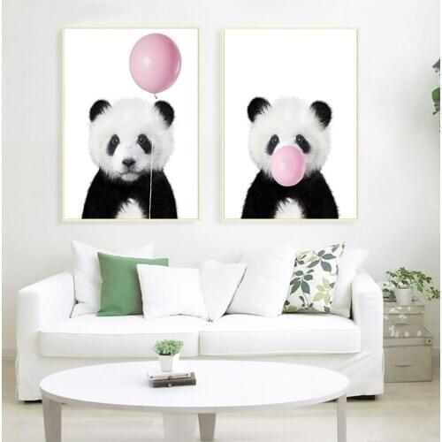 Baby Panda Print Animal With Bubble Gum Poster Nursery Wall Art Picture Decor Cute Pink Balloon Baby Shower Gift Canvas Painting
