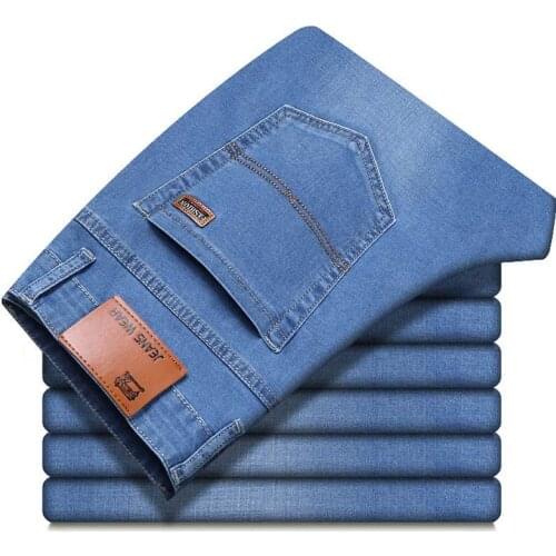 2021 Classic Elastic Denim Trousers Male Brand Blue Pants Mens Jeans Slim Fit Mid Waist Stretch High Quality Business Casual