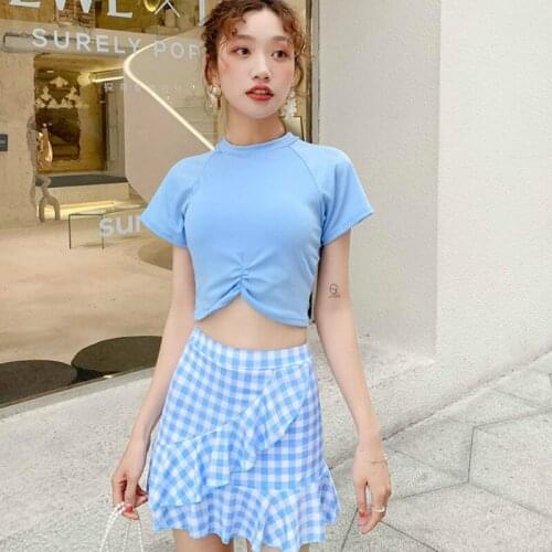 Bikini Sets Womens Summer Plaid Pleated Slim High Waist Short Sleeve Colorful Students Swimsuits Ruffles Soft Safety Swimwears