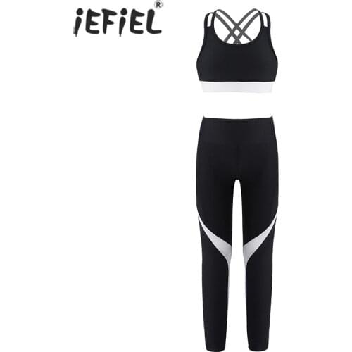 Kids Girls Clothes Sets Straps Sleeveless Sport Tanks Crop Top with Patchwork Leggings Yoga Workout Dancewear Gymnastics Outfits