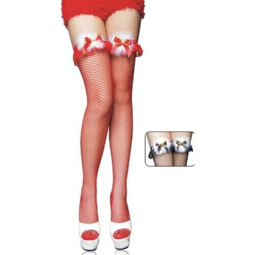 Fashion Fishnet Stockings Christmas Thigh Highs with Bells Red & Black Thigh High Stockings XMAS