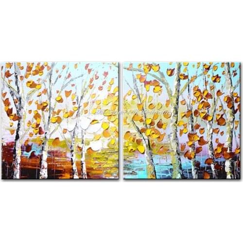 Free Shipping 100% Hand Painting Palette Knife Fall Tree Oil Painting Art on canvas Living Room home decor on canvas 2pcs/set