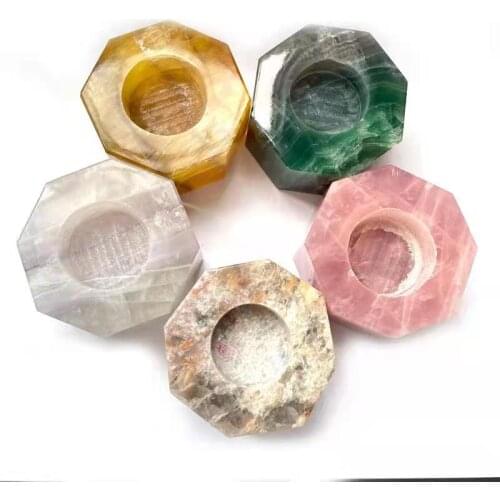 Natural hand carved candlestick healing rose quartz crystal candle holder for home decoration